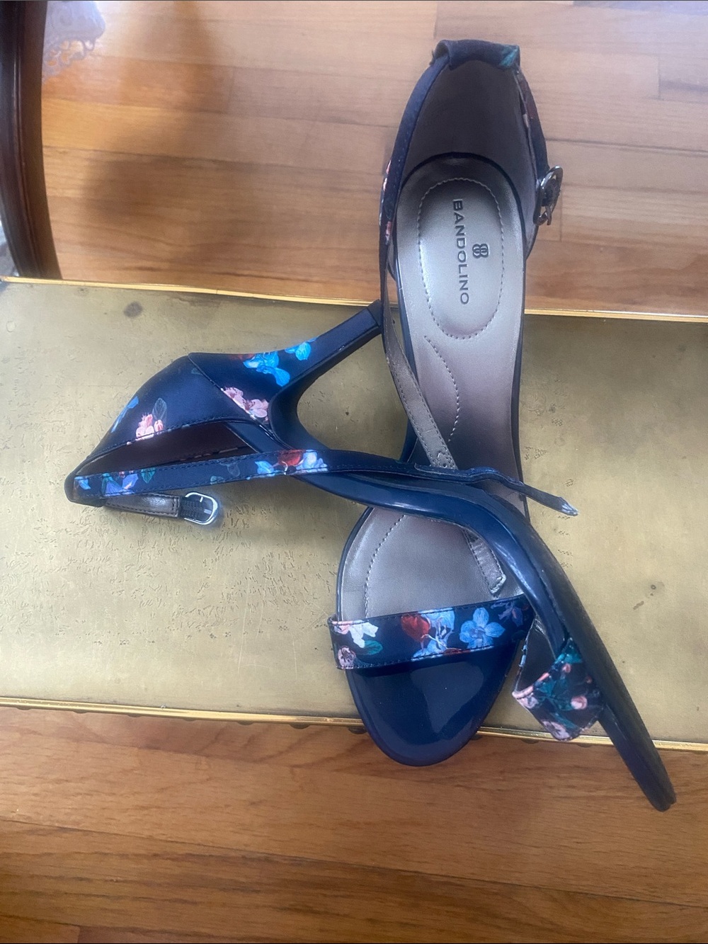 Bandolino Navy Floral Ankle-Strap Heels with Blue and Pink Accents